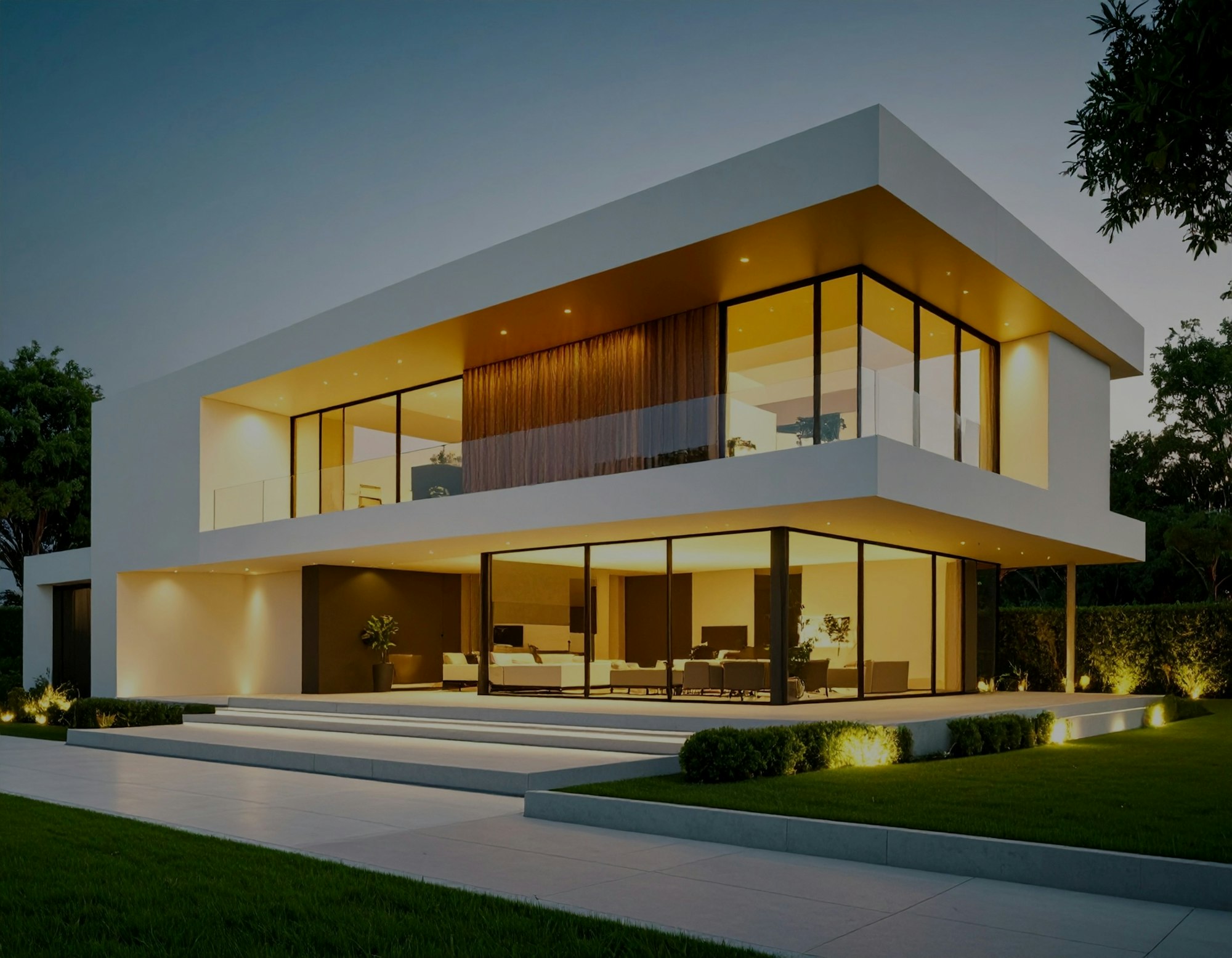 Modern architectural residence illuminated at dusk, glass facade glowing warm against a night sky