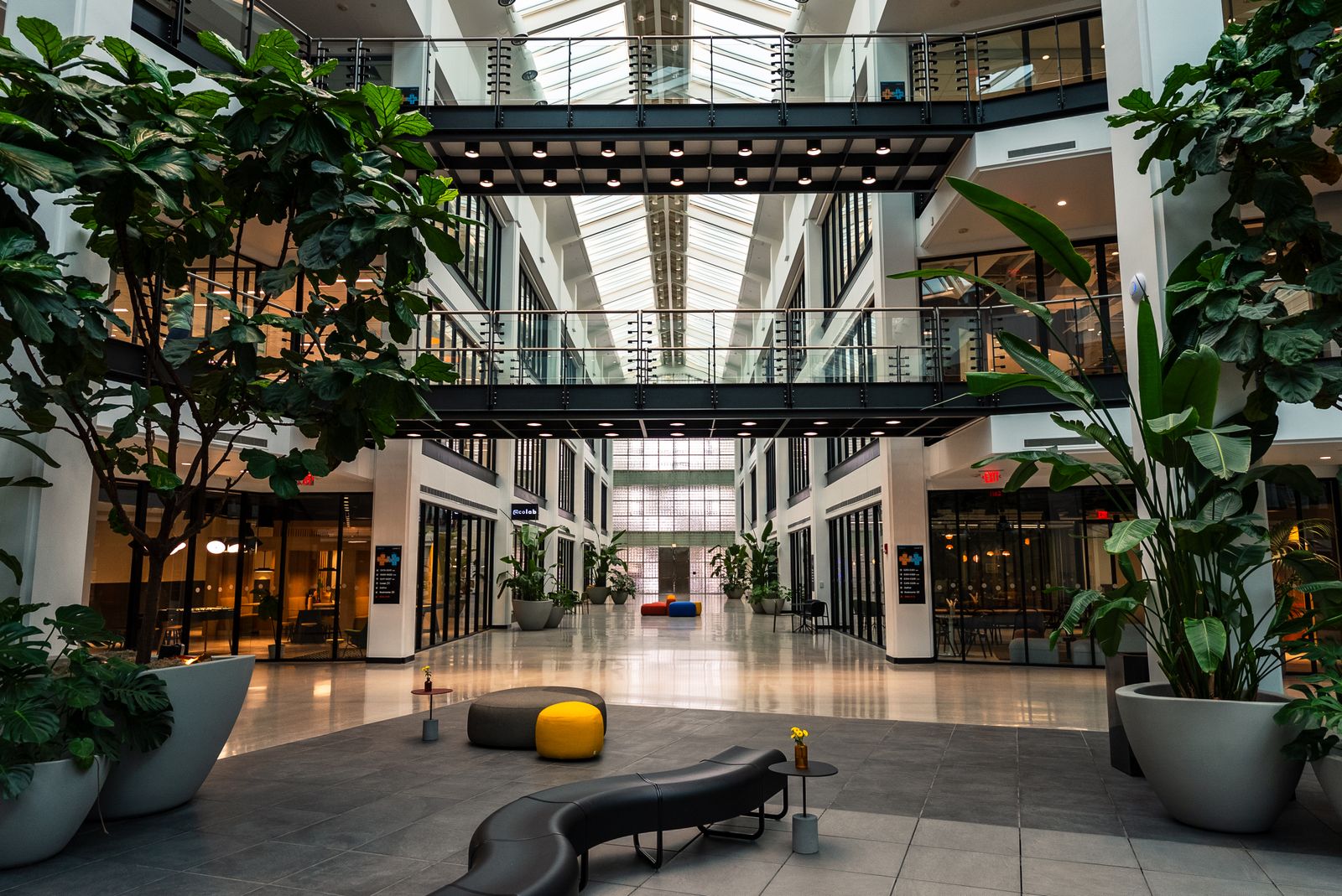Bright modern office atrium with greenery and open walkways